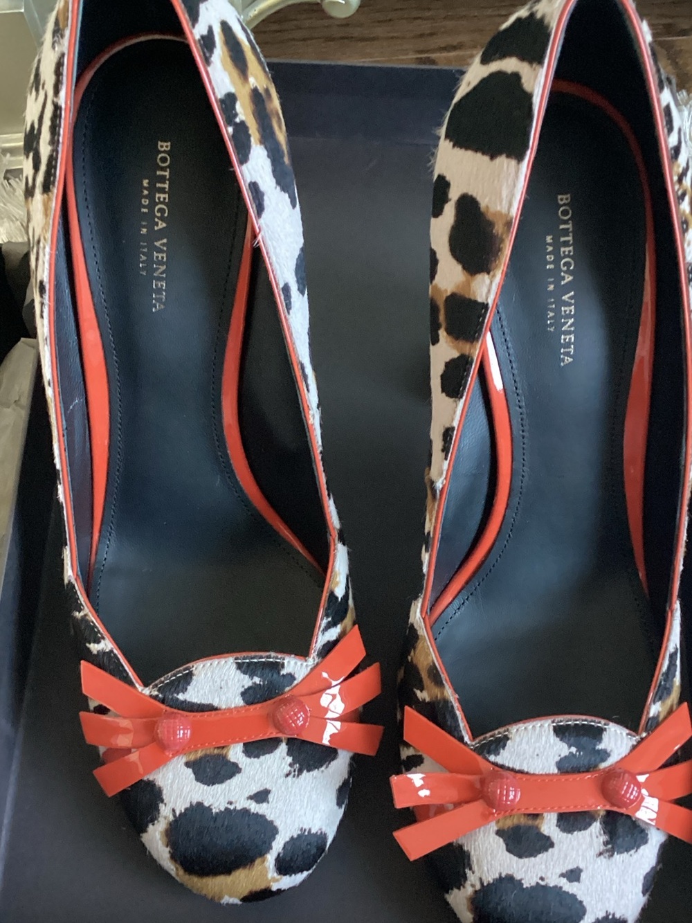 Bottega Veneta Leopard Print Pumps with Orange Patent Bow